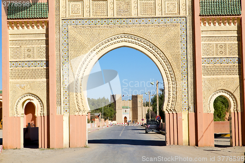 Image of morocco arch in   old construction street   blue sky