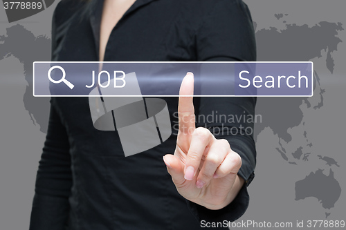 Image of business, technology and internet concept - businesswoman pressing job search button on virtual screens