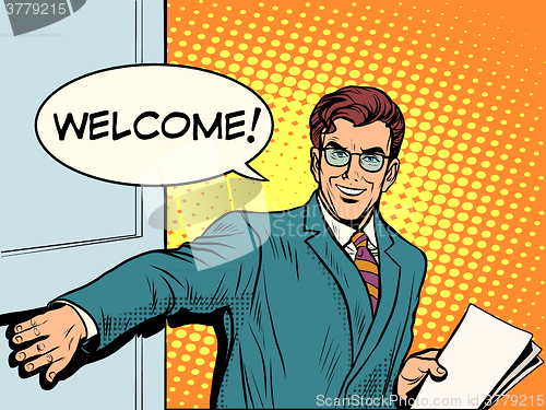 Image of Welcome businessman opens the door