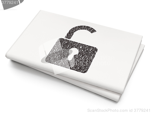 Image of Privacy concept: Opened Padlock on Blank Newspaper background