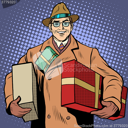 Image of Joyful man with gifts holiday greetings