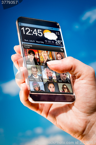 Image of Smartphone with transparent screen in human hands.