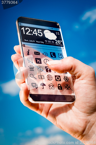 Image of Smartphone with transparent screen in human hands.