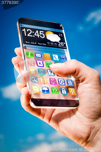 Image of Smartphone with transparent screen in human hands.