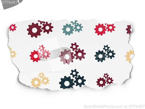 Image of Data concept: Gears icons on Torn Paper background