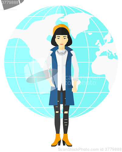 Image of Business woman standing on globe background.