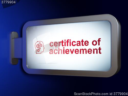 Image of Education concept: Certificate of Achievement and Head With Gears on billboard background