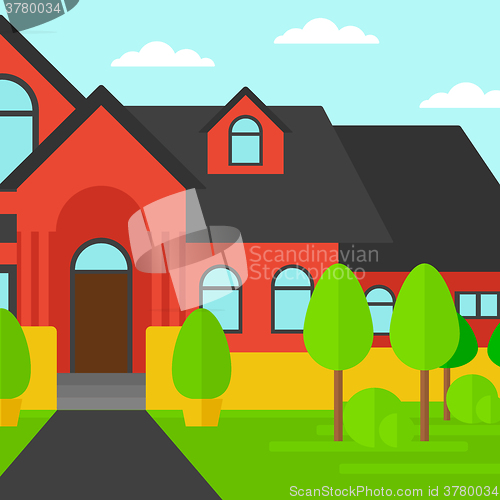 Image of Background of red house with beautiful landscape and pathway.