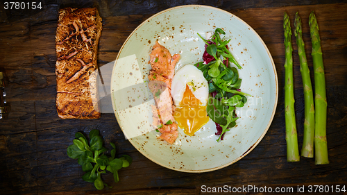 Image of Poached eggs with salmon and rasparagus