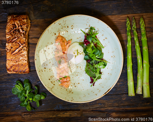 Image of Poached eggs with salmon and rasparagus