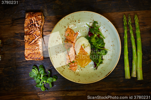 Image of Poached eggs with salmon and rasparagus