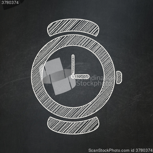 Image of Timeline concept: Hand Watch on chalkboard background