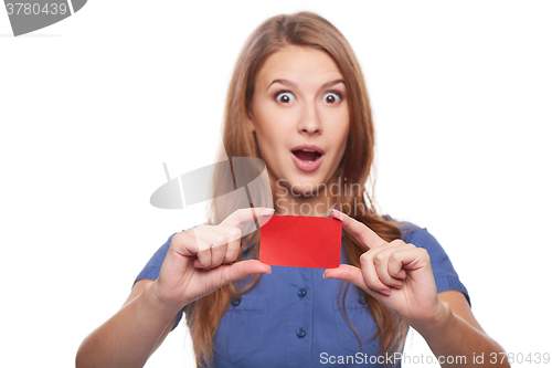 Image of Confident business woman in glasses showing blank credit card