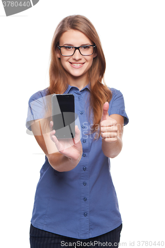 Image of Woman showing blank black smart phone screen