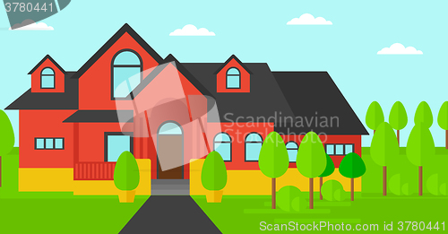 Image of Background of red house with beautiful landscape and pathway.