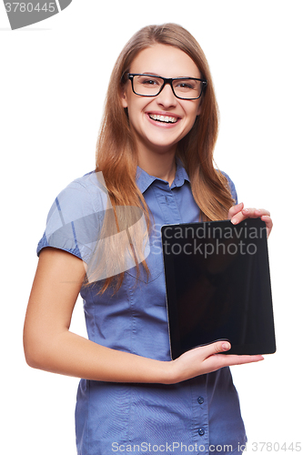 Image of Business woman showing blank black digital tablet computer screen