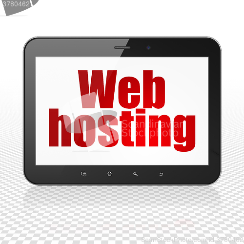 Image of Web design concept: Tablet Computer with Web Hosting on display