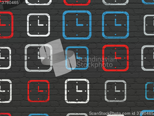 Image of Time concept: Watch icons on wall background