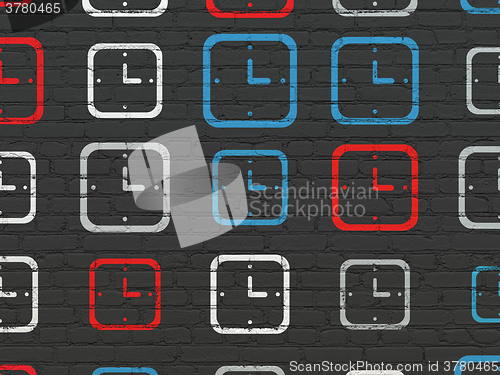 Image of Time concept: Watch icons on wall background