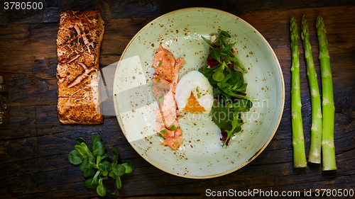 Image of Poached eggs with salmon and rasparagus