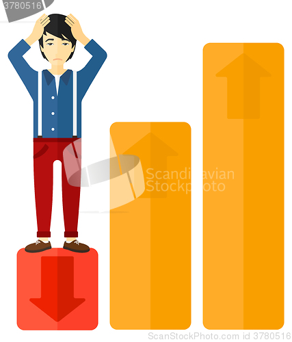 Image of Businessman standing on low graph.