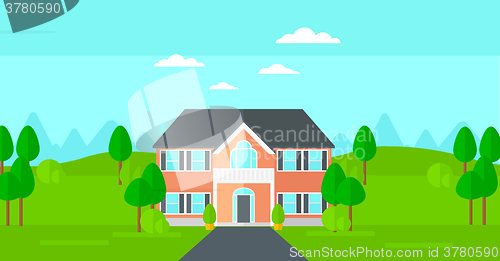 Image of Background of house with beautiful landscape and driveway.