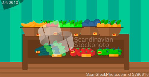 Image of Background of vegetables and fruits on shelves in supermarket.