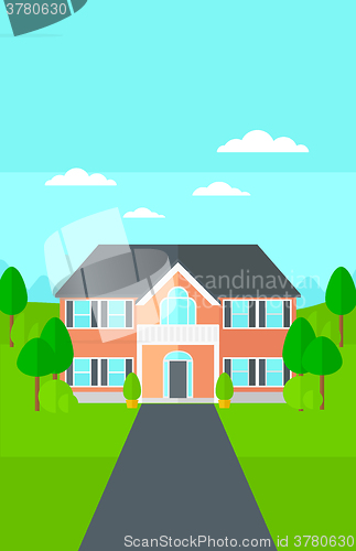 Image of Background of house with beautiful landscape and driveway.