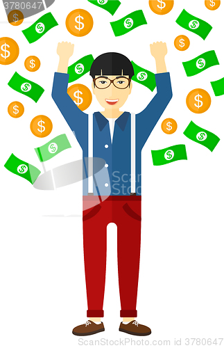 Image of Happy man with  flying money. 