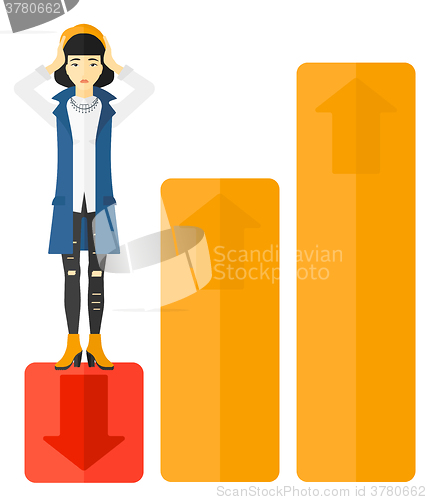 Image of Business woman standing on low graph.