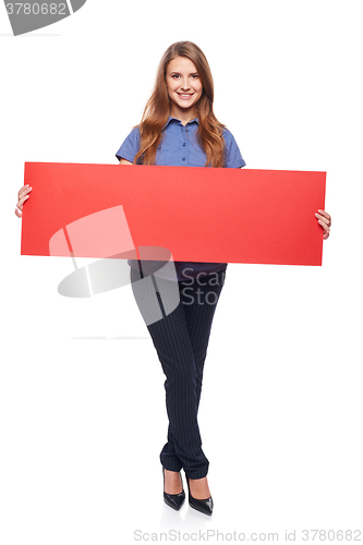 Image of Woman holding red blank cardboard