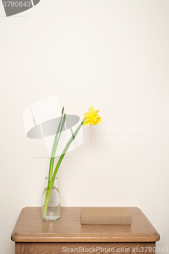 Image of Yellow narcissus in vase and a book