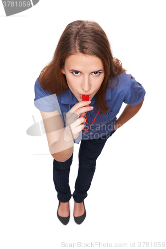 Image of Female blowing a whistle and pointing at you