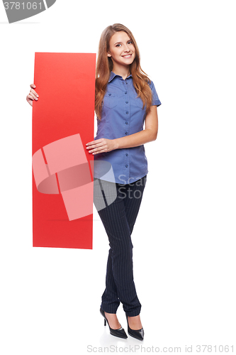 Image of Woman holding red blank cardboard