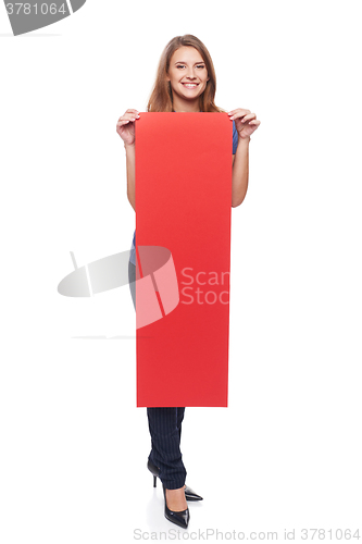 Image of Woman holding red blank cardboard