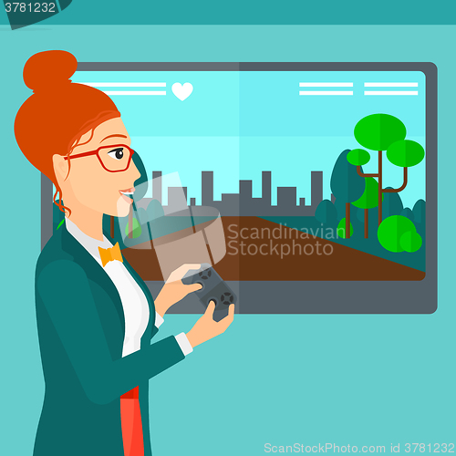 Image of Woman playing video game.