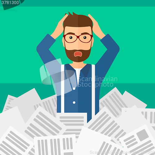 Image of Man in stack of newspapers.