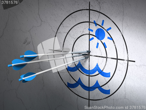 Image of Tourism concept: arrows in Beach target on wall background