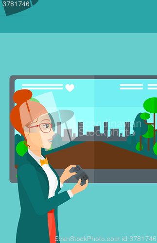 Image of Woman playing video game.