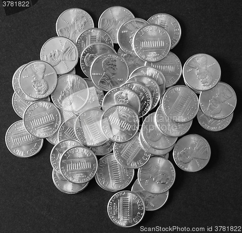 Image of Black and white Dollar coins 1 cent wheat penny