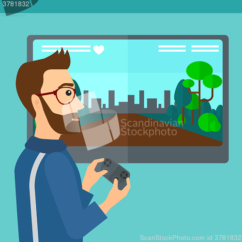 Image of Man playing video game.