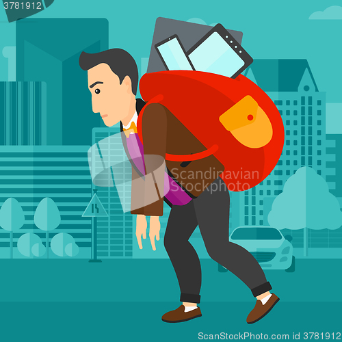 Image of Man with backpack full of devices.