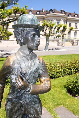Image of VEVEY, SWITZERLAND - 24 MAY: Bronze statue of comedian actor Cha