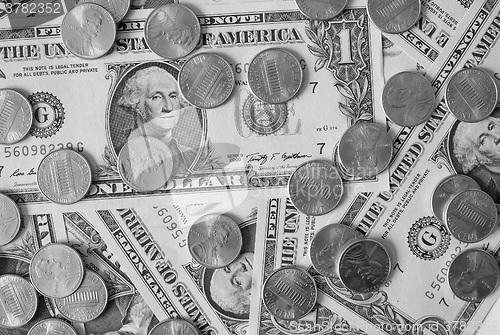 Image of Black and white Dollar coins and notes