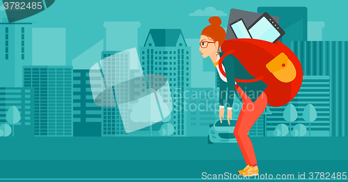 Image of Woman with backpack full of devices.