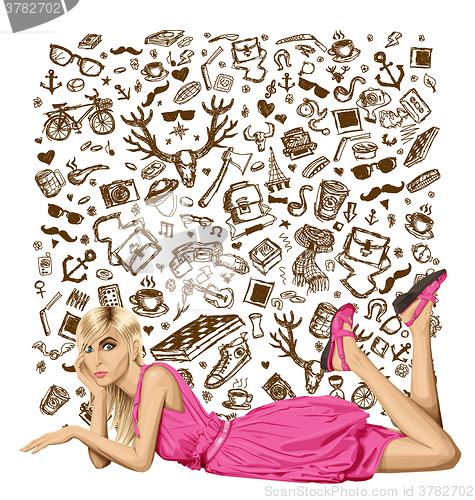 Image of Blonde in pink lies on a floor