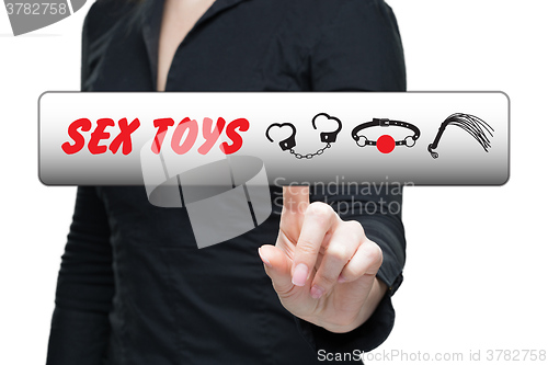 Image of Sex Toys word on virtual screen push by business woman. 