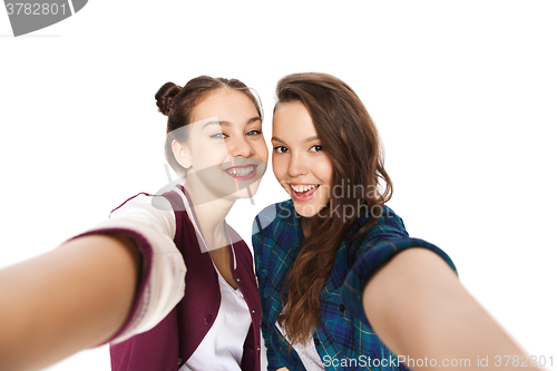 Image of happy smiling pretty teenage girls taking selfie