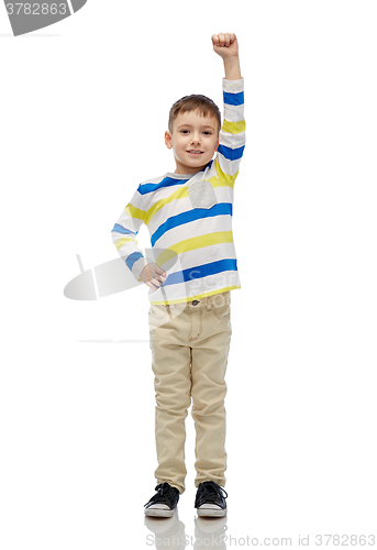 Image of happy smiling little boy with raised hand