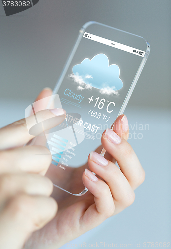 Image of close up of hands with weather cast on smartphone